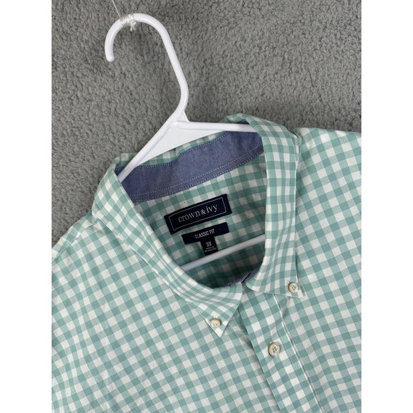 Crown & Ivy Shirt Mens 3XL Green White Gingham Button Down Classic Fit Stretch